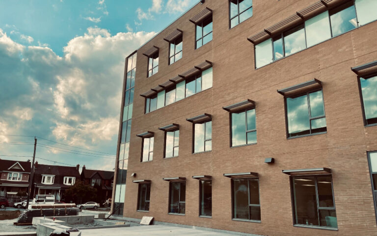 South side of school, looking west